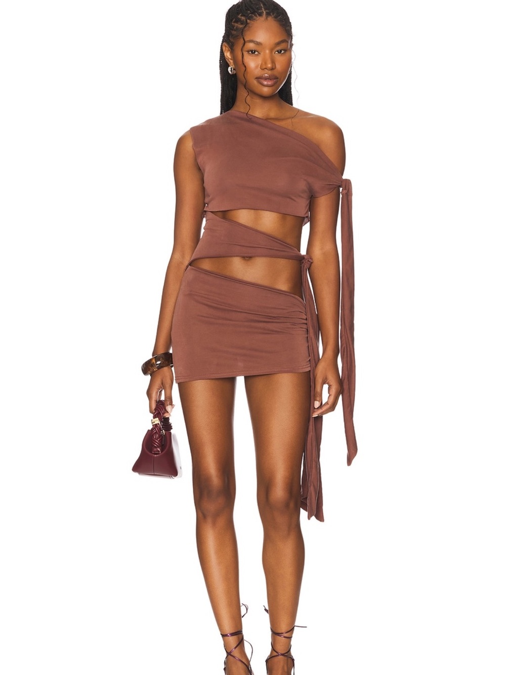 Jaded London One-Shoulder Asymmetric Wrap Mini Dress in Brown
